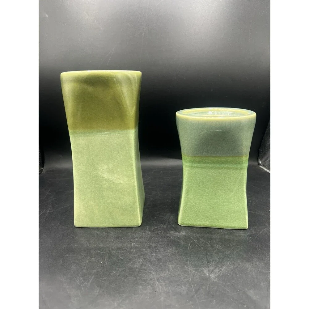 PartyLite Nature’s Garden Green Crackle Glaze Ceramic Candle Holders Set of 2